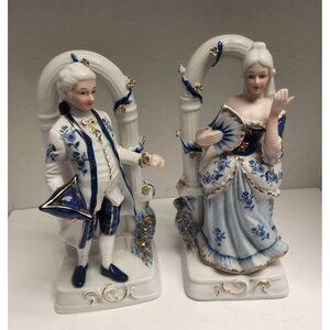 EXQUISITE~book ends China Figurines Colonial Man & Woman 14K Gold Trim